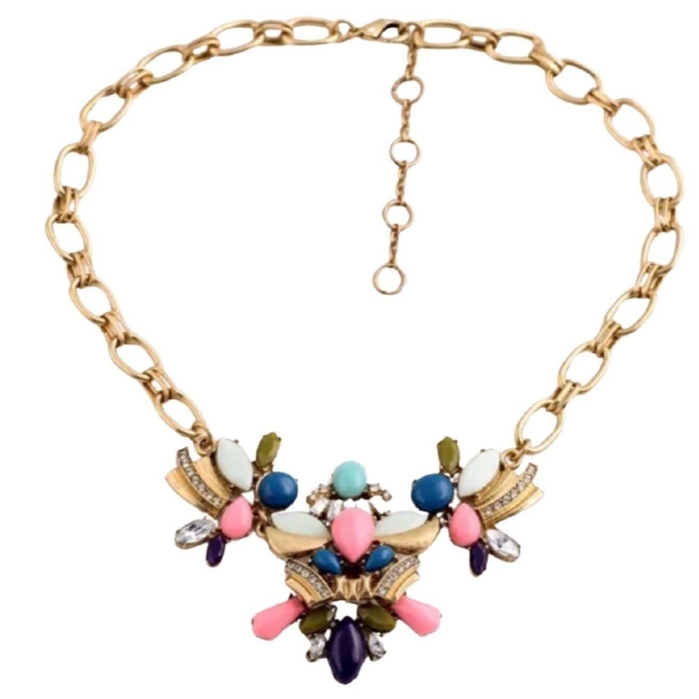 Colorful Statement Necklace – 16"+3" Gold Tone with Resin and Crystal Stones